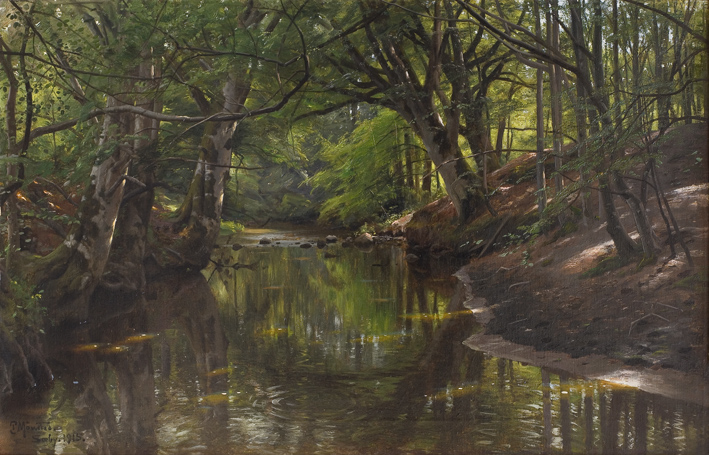 Мёнстед Педер (1859-1941) "Лесной пейзаж с рекой" картины для интерьера репродукция репродукции для интерьера коллекции живописи  лесной пейзаж с рекой