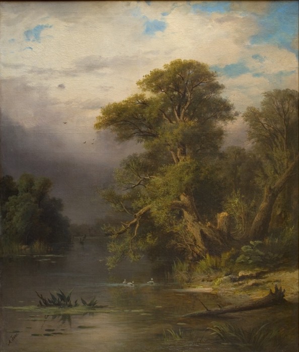 Гине А.В. (1830-1850) "Пруд" картины для интерьера репродукция репродукции для интерьера коллекции живописи  лесной пейзаж с прудом мрачный пейзаж