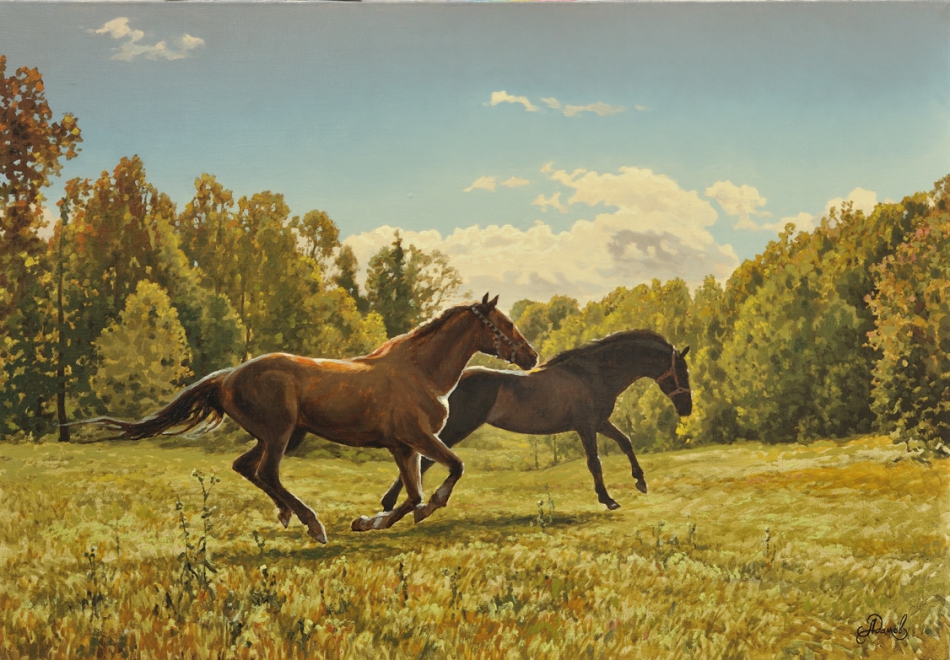 На перегонки картина картины репродукция пейзаж лес море лошади природа