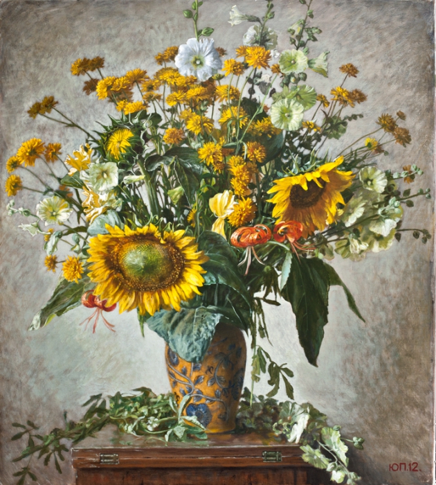 Букет с золотыми шарами и подсолнухами репродукции в интерьере картина живопись натюрморт цветы букеты букет цветов