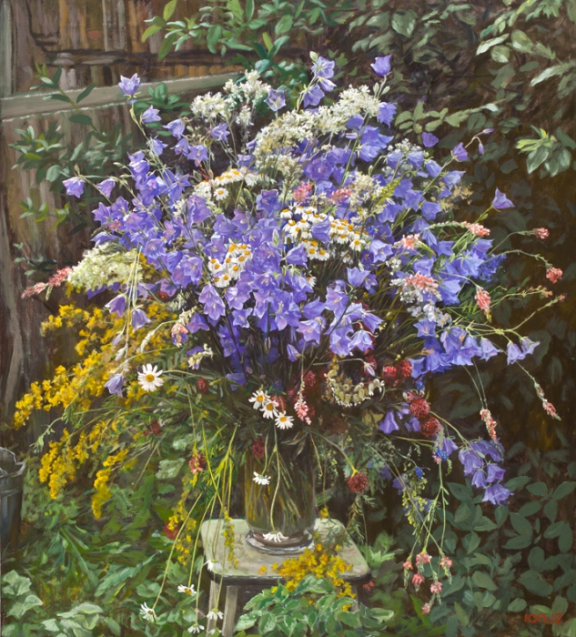 Букет с колокольчиками и ромашками репродукции в интерьере картина живопись натюрморт цветы букеты букет цветов полевые цветы