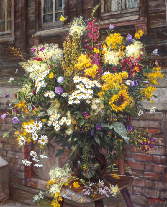 Букет с ромашками и медунишником репродукции в интерьере картина живопись натюрморт цветы букеты букет цветов полевые цветы
