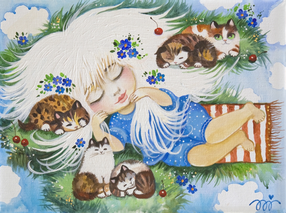 Мой любимый сон картины картина репродукции для интерьера репродукция картины для интерьера картины для детской постеры для детской дети коты радость детство мыльные пузыри