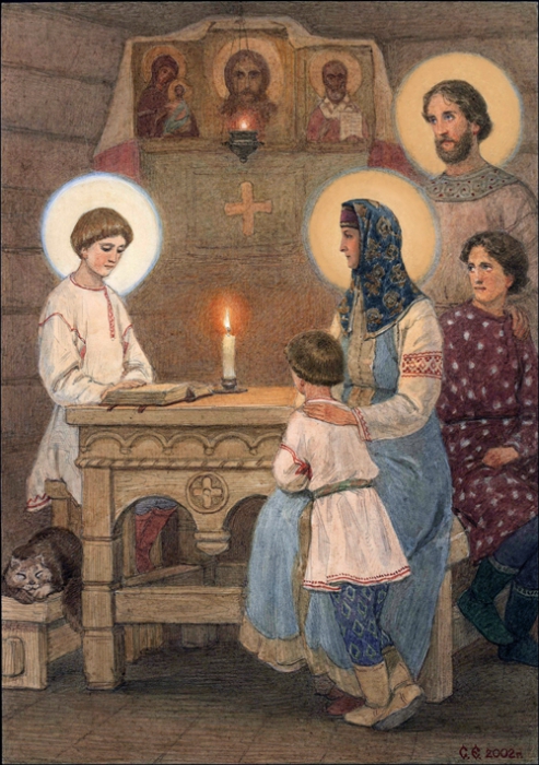 Прпеподобный Сергий в семье картина графика иллюстрация рисунок акварель история репродукция репродукции