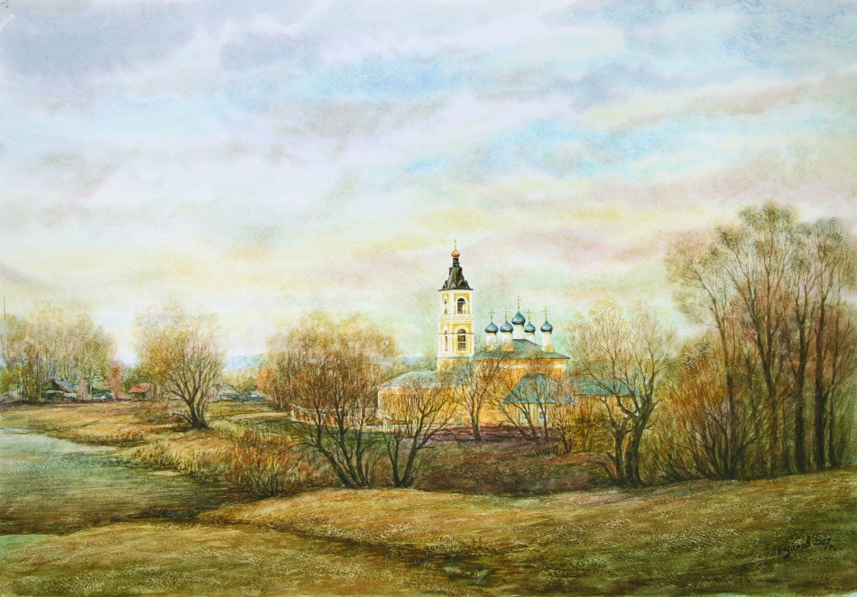 На окраине г.Покрова художник акварель пейзаж репродукция репродукции картины город