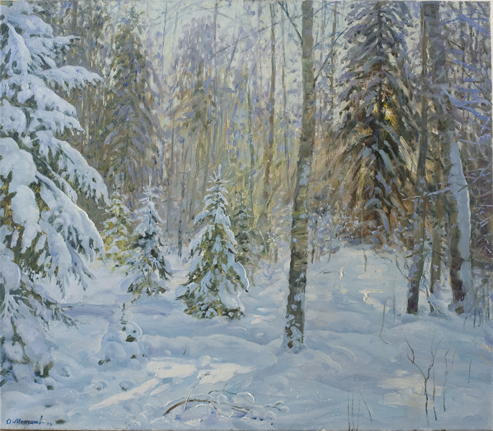 Морозным солнцем залит лес художник Молчанов картины для интерьера репродукции для интерьера живопись российская природа пейзаж зимний лес