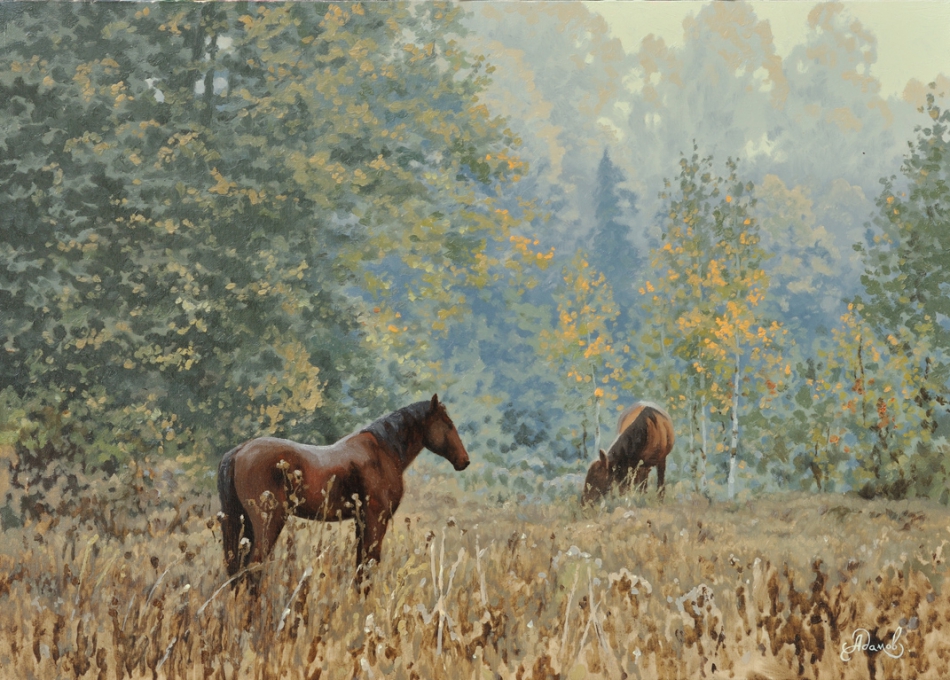 В лесу картина картины репродукция пейзаж лес море лошади природа