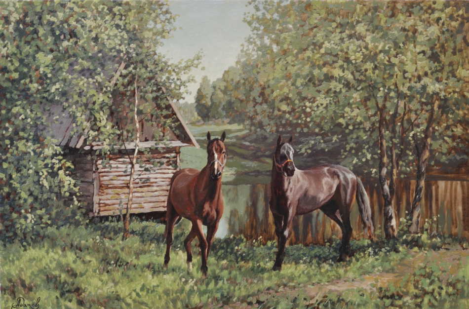 Весной картина картины репродукция пейзаж лес море лошади природа