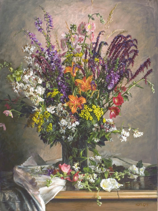 Букет с лилиями и мальвами репродукции в интерьере картина живопись натюрморт цветы полевые букет лилии и мальвы