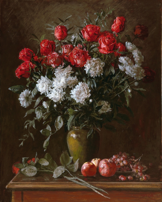 Красно-белый букет репродукции в интерьере картина живопись натюрморт цветы красные розы хризантемы