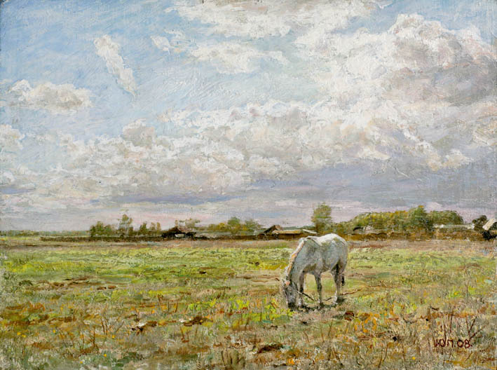 Пейзаж с белой лошадью картина репродукция репродукции в интерьере живопись пейзаж деревенский пейзаж с лошадью белая лошадь пасущаяся лошадь