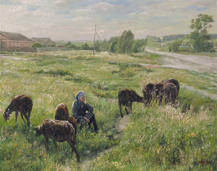 У обочины репродукции в интерьере картина живопись пейзаж летний пейзаж деревенский пейзажпасущееся стадо