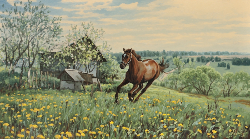Жеребёнок картина картины репродукция пейзаж лес море лошади природа
