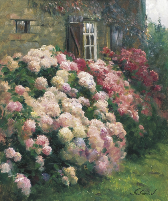 В саду репродукция для интерьера картина букет цветов маслом цветы в живописи натюрморт гортензия куст в саду 