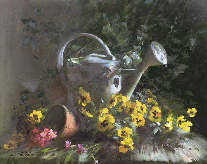 Натюрморт в садовом сарайчике репродукция для интерьера картина букет цветов маслом цветы в живописи натюрморт  с лейкой и примулой садовый натюрморт