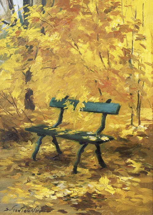 Золотая осень репродукция для интерьера картина этюд маслом цветы в живописи пейзаж со скамейкой скамейка осенью пейзаж для интерьера осенняя пора