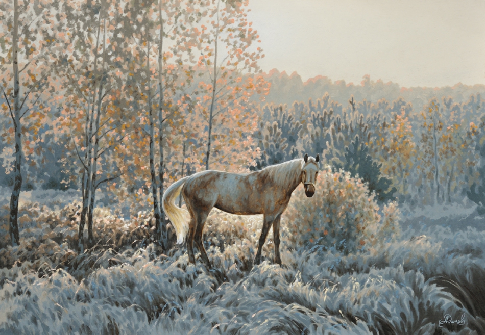 Зимнее утро картина картины репродукция пейзаж лес море лошади природа