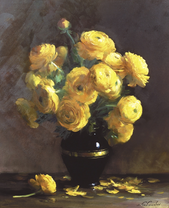Золотые цветы репродукция для интерьера картина букет цветов маслом цветы в живописи натюрморт ранункулусы цветы в вазе садовые цветы жёлтые