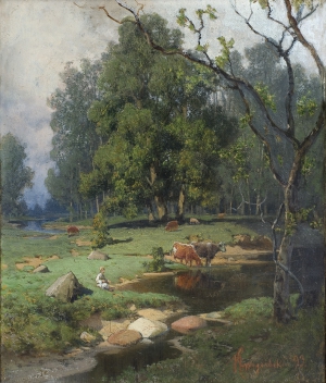 Суходольский П.А. (1835-1903) "У лесной речки. Пейзаж со стадом" 1893