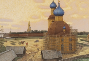Троицкий собор на Петербургской стороне 1756 год. Снимают леса.