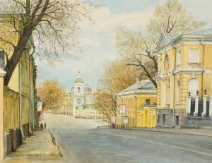 Москва. Вид с Яузской улицы на церковь Троицы в Серебряниках